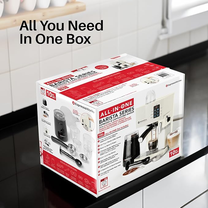 EspressoWorks 19-Bar Espresso, Cappuccino and Latte Maker 10-Piece Set - Brew Cappuccino and Latte with One Button - Espresso Machine with Milk Steamer 1250W - Coffee Gifts (Blue)