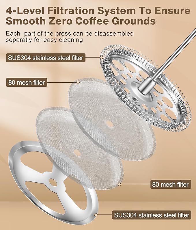 French Press Coffee Maker - 34 Ounce Classice Stainless Steel Coffee Press with 4-Level Filtration System, Heat Resistant Thickness Borosilicate Glass French Press Coffee Pot for Camping Travel Gift