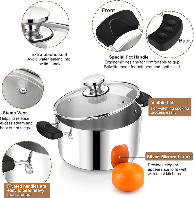 8 Quart 3-Ply Cooking Stock Pot with Lid, P&P CHEF Stainless Steel Large Pot for Pasta Soup, Work on Multi Stove, Heavy Duty & Dishwasher Safe, Dual Heat-resistant Handles & Visible Lid