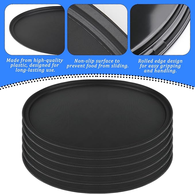 6 Pcs 24 Inch x 29 Inch Large Restaurant Serving Trays, Black PP Plastic Non Slip Tray,Oval Plastic Food Serving Tray with Raised Edges for Home Kitchen Restaurant Cafeterias Fast Food Service