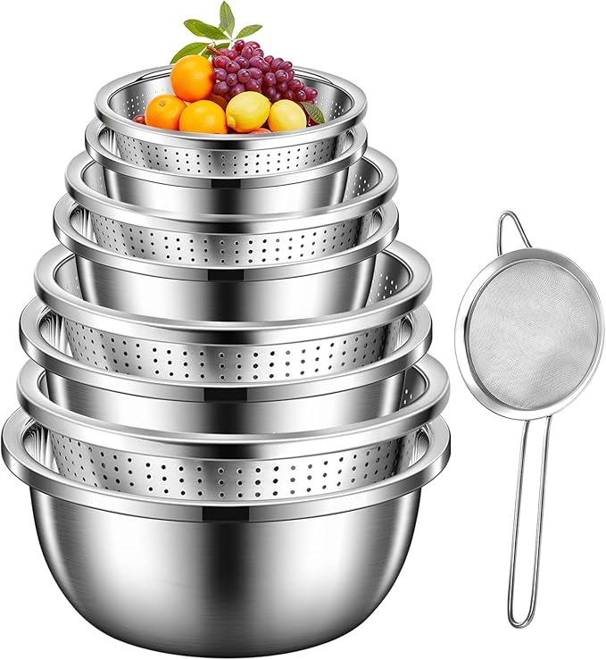 8+1 Stainless Steel Colander Set with Mixing Bowl, 4 Sizes (1.8QT, 2.3QT, 3QT, 4QT) with 1 Mesh Strainer, for Washing Rice, Fruits, Vegetables, Draining Pasta, Meat, and Spaghetti
