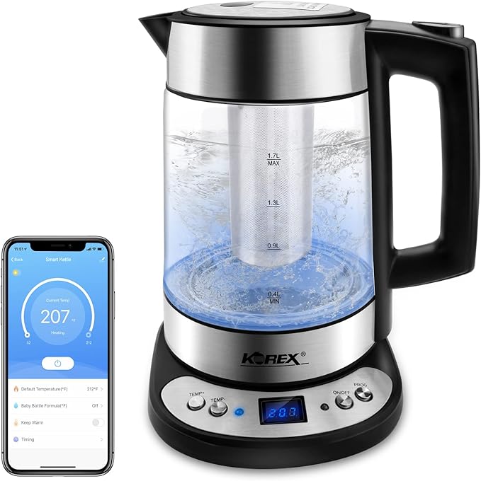 Smart Electric Kettle APP Control, Korex Glass Water Boiler Included Filter Suitable for Alexa Google Home Assistant 1.7 L BPA FREE Great for Coffee Tea Milk With Overheat Protection Controlled