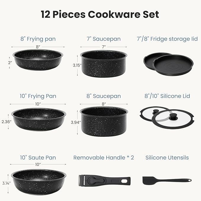 12 Pcs Pots and Pans Set, Nonstick Kitchen Cookware Sets Detachable Handle, Induction Healthy Non Stick RV Cookware, Dishwasher & Oven Safe, Black