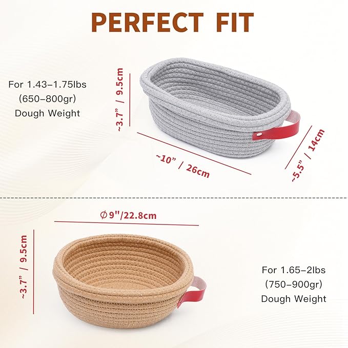 Cotton Rope Banneton Bread Proofing Basket Set, Oval & Round Bread Baskets with Liners & Covers for Artisan Bread Baking, Sourdough Bread Baking Supplies