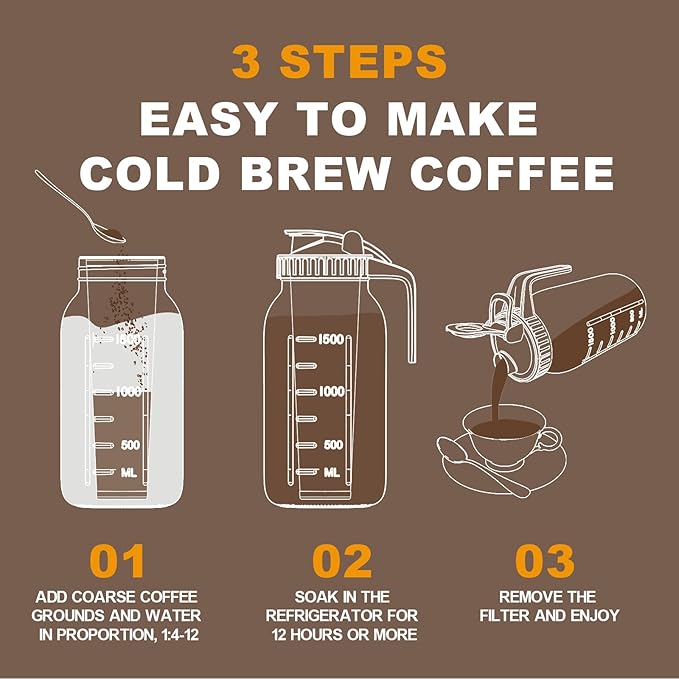Cold Brew Coffee Maker Jar - 64oz Thick Glass Multipurpose Mason Pitcher Spout Lid with Handle & Stainless Steel Filter for Iced Coffee, Lemonade, Ice Tea, Homemade Fruit Drinks Container