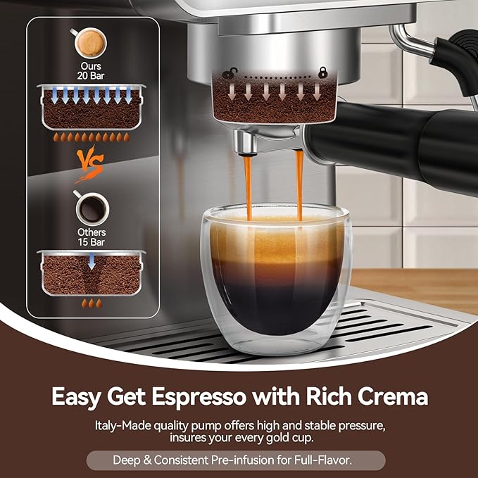 Espresso Machine 20 Bar, Espresso Maker with Steam Milk Frother,Espresso Coffee Machine with 60oz Removable Water Tank for Lattle, Cappuccino, Stainless Steel