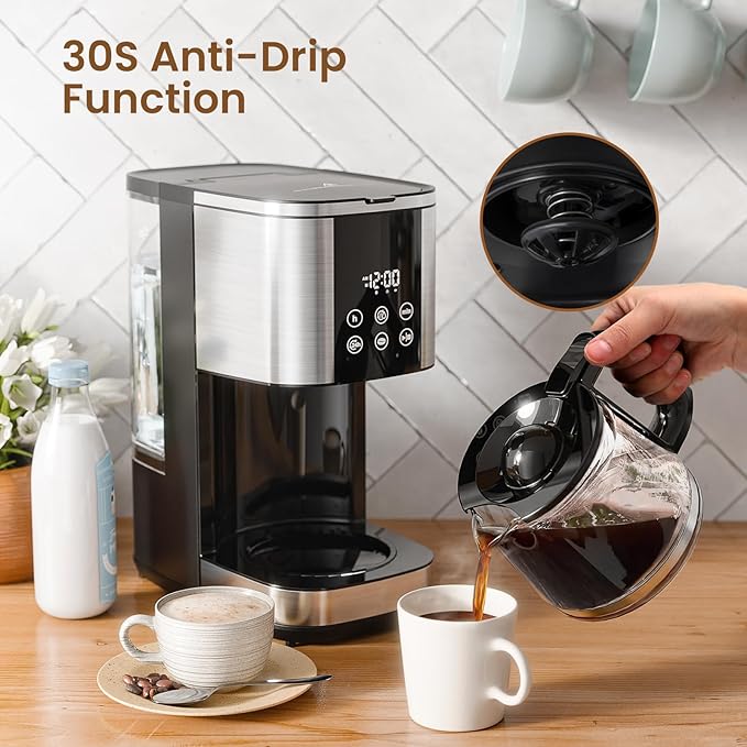 Kismile 10-Cup Drip Coffee Maker with LED Display & Touch Screen, 24H Timer, Dry Boil Protection, Programmable, 1.5L Water Tank, for Home & Office(Black)