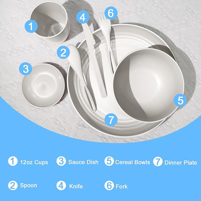 Wheat straw dinnerware sets - 28 Pieces dish sets service for 4 - Lightweight and Unbreakable Plates and Bowls Sets for Travelling and Camping.White