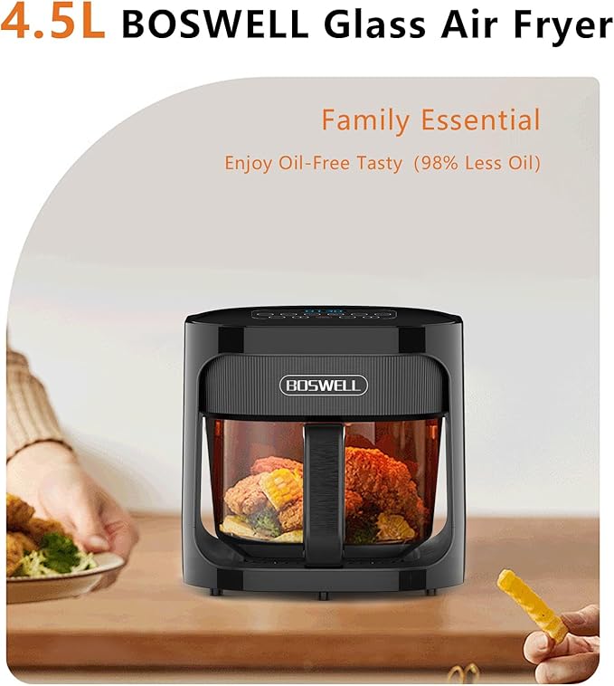 BOSWELL Glass Air Fryer, 4.5QT Transparent Fry Bowl, Circulating Heating, Non Toxic, Large Capacity Air Fryer Roast, Temperature Control Dishwasher Safe (Black)