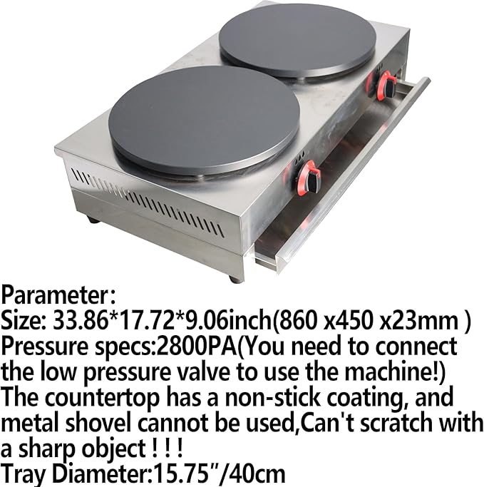 Double LP Gas Crepe Maker 2800Pa Commercial Pancake Machine Nonstick Pan Griddle Machine Table Size 15.75″×2 for Blintzes Eggs Bacon