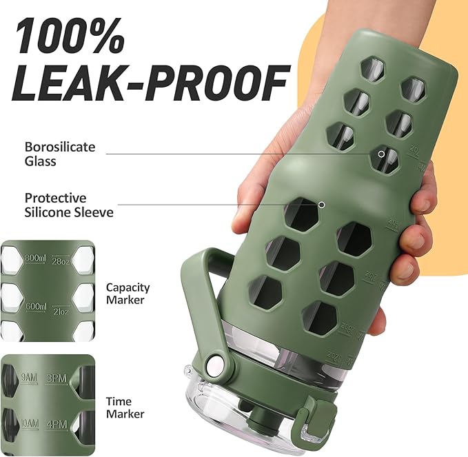 MUKOKO 32 oz Glass Tumbler with Straw,Glass Water Bottles with Time Marker,Iced Coffee Cup with Silicone Sleeve,Motivational Drinking Bottles,Leakproof-Olive