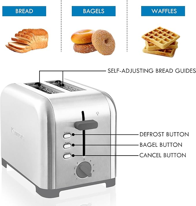 Kenmore toaster 2 slice - extra wide slot countertop kitchen appliance, defrost function, grille-pain, 9 shade settings, compact design, easy clean crumb tray, bread bagel, stainless steel