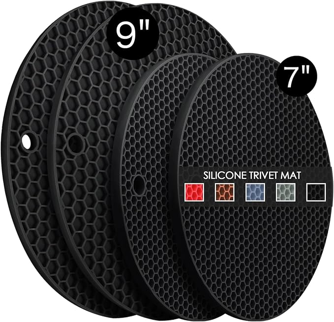 4 Pack Silicone Trivet Mats, 7 Inch & 9 Inch Flexible Heat Resistant Silicone Hot Pads Pot Holders for Kitchen Counter, Round Trivets for Hot Dishes - Potholders Jar Opener(Black)