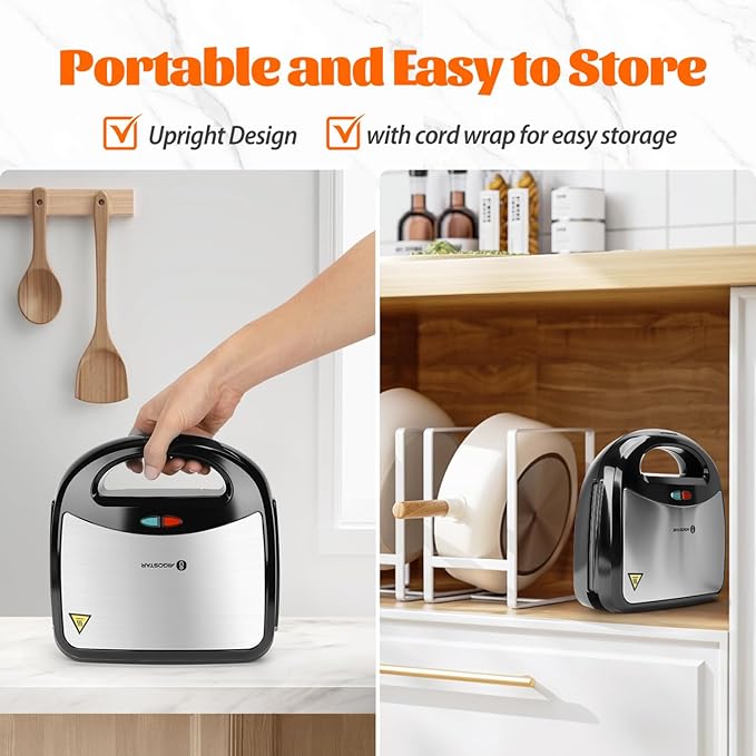 Aigostar Sandwich Maker Panini Press Grill, 3 in 1 Waffle Maker with Removable Non-stick Plates, Electric Grilled Cheese Maker, Portable Cool Touch Handle, Led Indicator Lights & Easy to Clean, 750W
