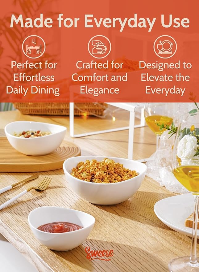 Sweese Porcelain Serving Bowls Set, 10-42 oz, Versatile for Salad, Soup, Snacks, Microwave Dishwasher Safe, White