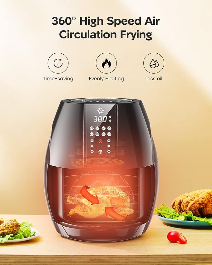 Famiworths Air Fryer, 6.3QT XL Large Electric Hot Airfryer Oven Oilless Cooker, Digital One-Touch Screen with 8 Cooking Mode, Nonstick Basket and Grill Shelf, Includes Cooking Tong, 1500W, Black