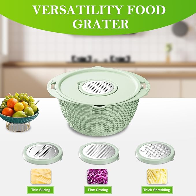 4 in 1 Colander with Bowl Set, Food Strainers and Colanders, Colander for Kitchen, Pasta Strainer, Fruit Washing Bowl, Kitchen Essentials Strainer Basket Bowl, Green