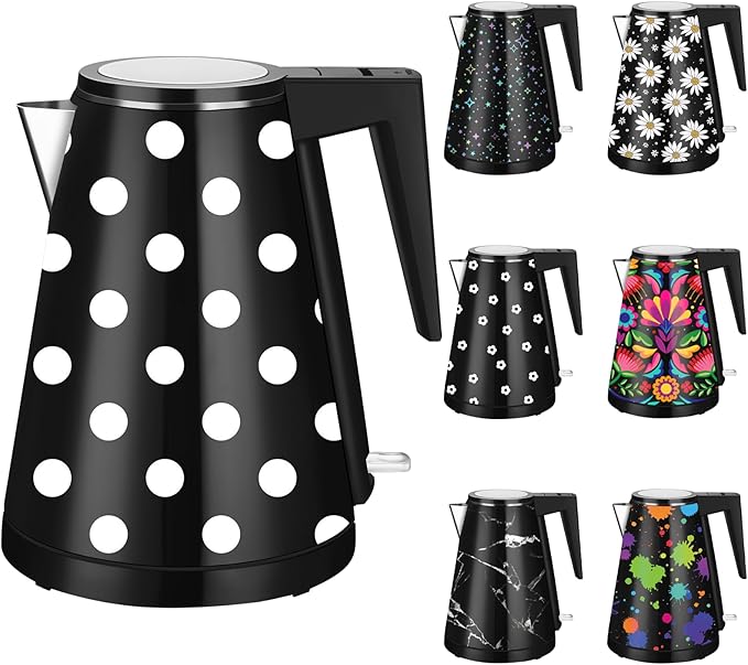 1.2L Double Wall Stainless Steel Interior Water Boiler, Cordless, 1000W Fast Boil with LED Light Coffee Pot & Tea Electric Kettle, Auto Shut-Off and Boil-Dry Protection (White Dots)