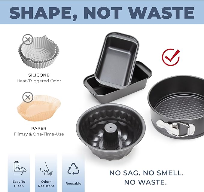 CARTMAN 4-Piece Air Fryer Bakeware Set, Non-Stick Carbon Steel Mini Springform, Bundt Cake Pan, 2 Loaf Pans, Fits Ninja, Chefman, Cosori, Instant Pot, Non-Toxic with Online Recipe Guide