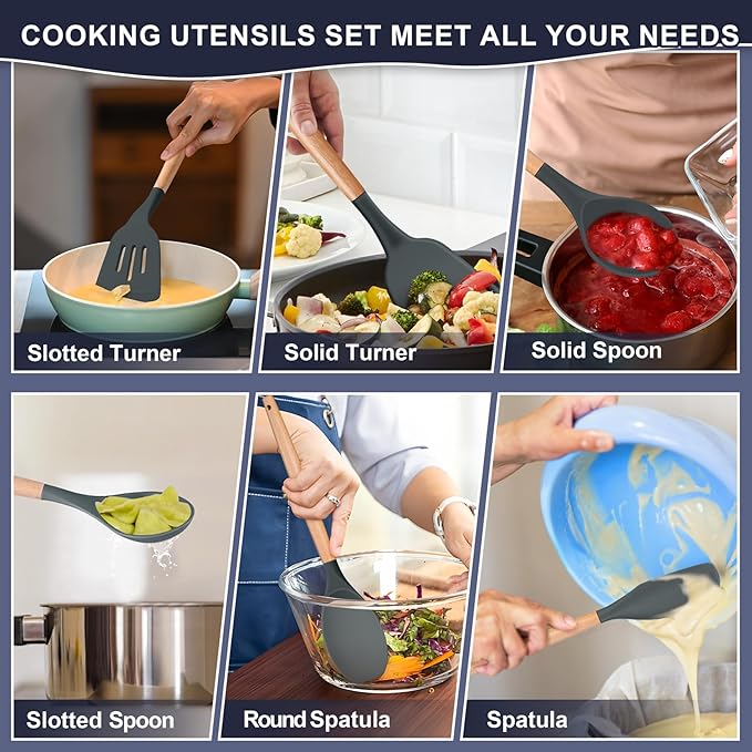 P&P CHEF Silicone Cooking Utensils Set, 12PCS Kitchen Utensils Set with Wooden Handle for Nonstick Cookware, Ladle, Spoon, Spatula, Tong, Heat-resistant & Non-scratch, Non Smell & Healthy, Gray