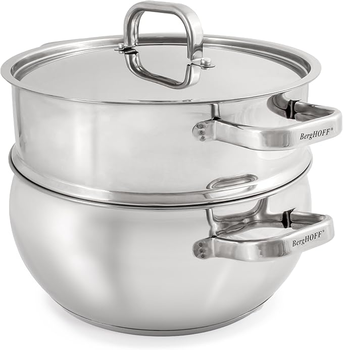 BergHOFF Belly Shape 18/10 Stainless Steel 9.5 inches Stockpot 5.5qt., Metal Lids, Fast, Evenly Heat, Induction Cooktop Ready