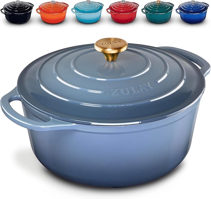 Zulay Kitchen 6 Quart Enameled Cast Iron Dutch Oven with Lid - Premium Durability & Oven Safe up to 500°F – Heavy Duty Cookware Perfect for Bread Baking, Stews, Braising & Roasting - Aquamarine