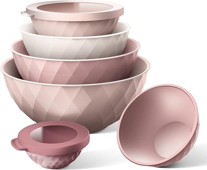COOK WITH COLOR Mixing Bowls with Lids - 12 Piece Plastic Nesting Bowls Set includes 6 Prep Bowls and 6 Lids, Diamond Design - Microwave Safe (Mint)