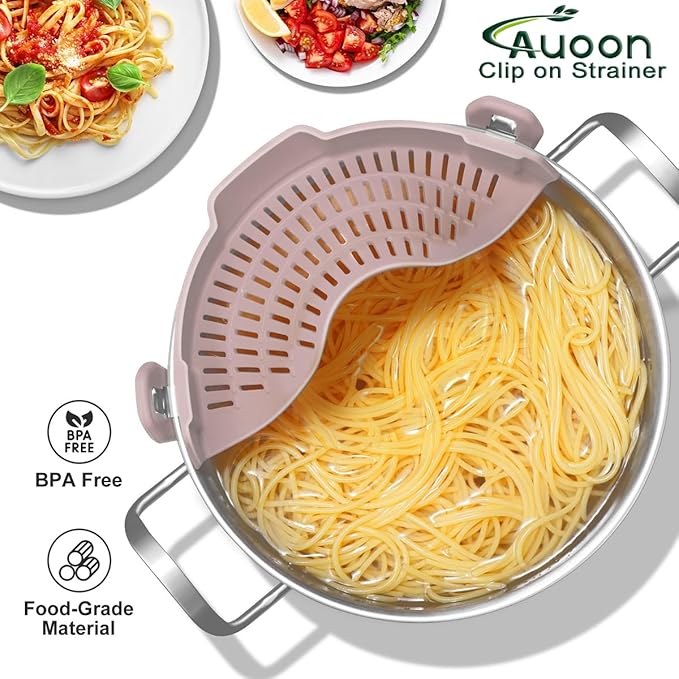 Large AUOON Clip on Strainer for All Pots and Pans - Oversized Silicone Pot Strainer Family-Style Design Pasta Strainer Kitchen Colander for Spaghetti and Noodles | Dishwasher Safe