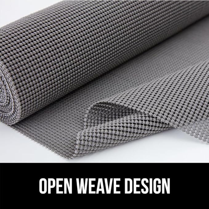 GORILLA GRIP powerGRIP Drawer Shelf and Cabinet Liner, Thick Strong Hold, Non-Adhesive Liners Protect Kitchen Cabinets and Cupboard, Bathroom Drawers, Easy Install, Breathable Mat, 12" x10', Gray