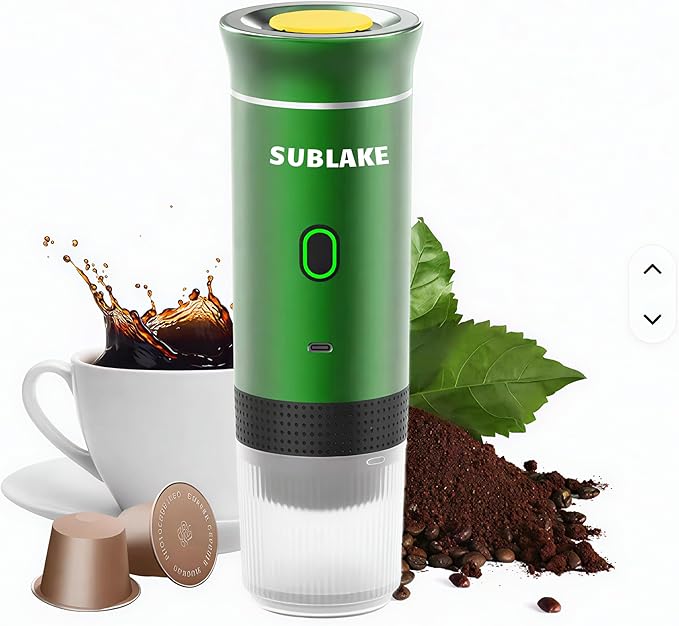Portable Espresso Maker – Self-Heating USB-C Rechargeable Travel Coffee Maker for Car, Camping, Office, portable coffee maker - portable coffee machine With Ground Coffee & NS Capsule (Green)