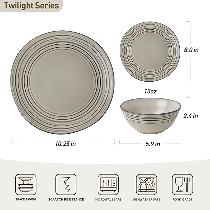 Famiware Plates and Bowls Sets 24-Piece Stoneware Dinnerware Sets, Dishes Set for 8, Hand-made Reactive Glaze Dish Set, Twilight Series, Terre-verte