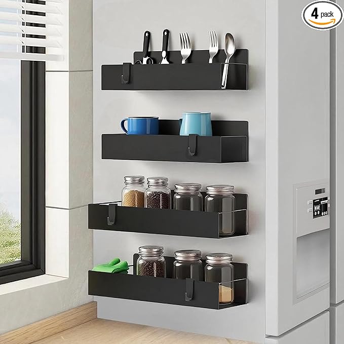 Cosy Family 4-Pack Strong Magnetic Metal Spice Rack Organizer for Refrigerator & Oven - Rustproof Black Fridge Shelves with Hooks for Kitchen Storage & Organization
