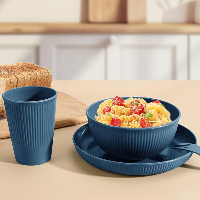 OAMCEG Plates and Bowls Sets Kitchen 42 Pcs, Plastic Wheat Straw Dinnerware Set, Dinner Plate/Dessert Plate/Cereal Bowl/Cup/Flatware Set, Dishwasher Microwave Safe, Outdoor Camping Dishes, Navy