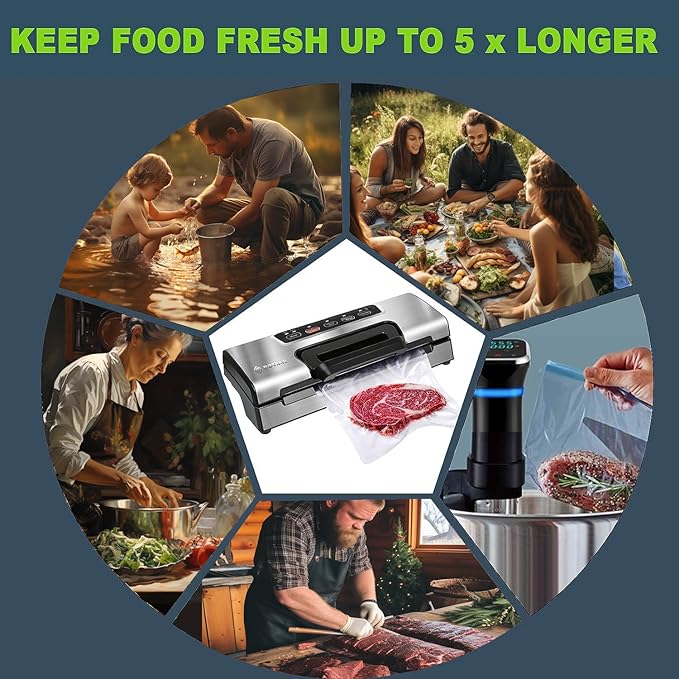 Precision Vacuum Machine,Pro Food Sealer with Built-in Cutter and Bag Storage(Up to 20 Feet Length), Both Auto&Manual Options,2 Modes,Includes 2 Bag Rolls 11”x16’ and 8”x16’,Compact Design