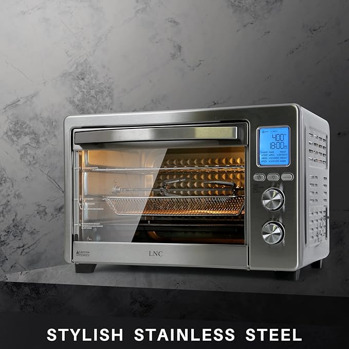 LNC Air Fryer Oven, 34QT Extra Large 1750W Toaster Air Fryer Combo, 12” Pizza Convection Oven Countertop, 12-in-1 with 4 Accessories, Stainless Steel, Silver
