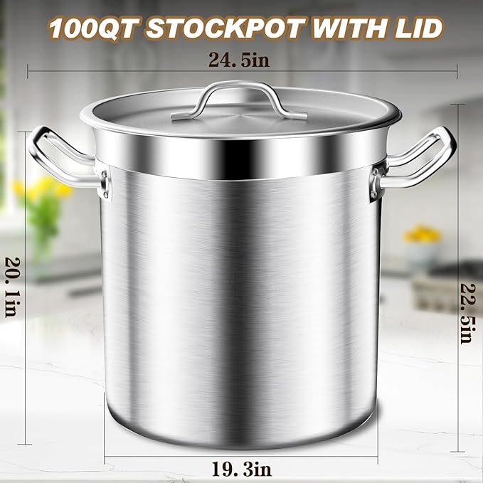 Large Stock Pot - 100QT Stainless Steel Stockpot with Lid, Heavy Duty Tri-Ply Bottom Commercial Grade Soup Pot for Cooking Soup, Stew, Canning, Oven, Gas, Ceramic, Dishwasher Safe