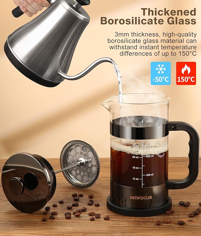 French Press Coffee Maker -34oz Classic Coffee Press Heat-resistant Borosilicate Glass Coffee Pot with 4-Level Disassemble Filters, Portable Cold Brew Coffee Maker for Travel Home(Dark Pewter)