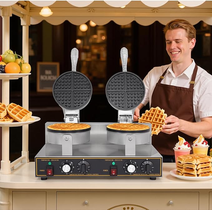 Dyna-Living Waffle Maker 2400W Double Waffle Iron Maker Restaurant Non-stick Round Waffle Machine Commercial Waffle Maker Large Waffle Machine for Hotel, Thicken Stainless Steel