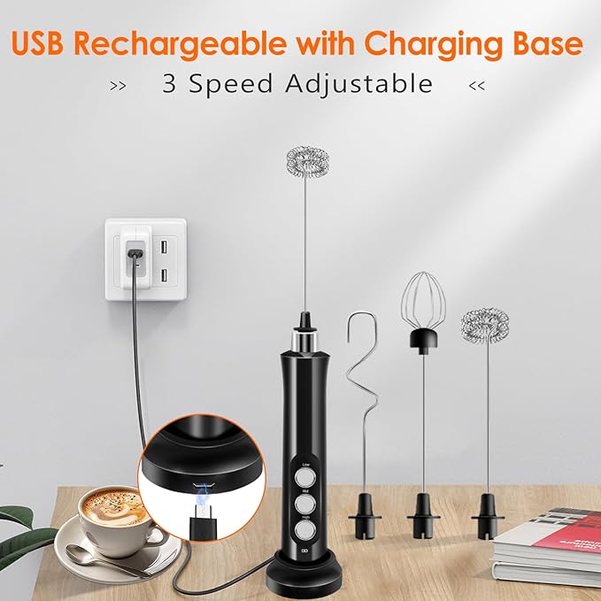 Rechargeable Milk Frother Handheld with 3 Detachable Stainless Steel Whisks, 3 Speed Adjustable Electric Whisk Foam Maker, Handheld Drink Mixer, Frother Wand for Coffee, with Storage and Charging Base