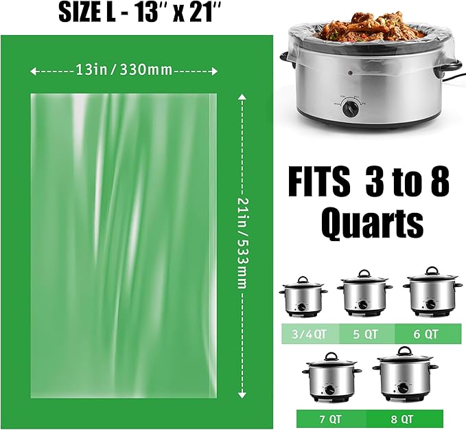 20 Count Slow Cooker Liners, 13"x21", Fits 3-8 Quarts, Disposable Pot Liners Compatible with Crockpot, Oval Large Size, BPA-Free Cooking Bags, Kitchen Accessories, Cook with Ease