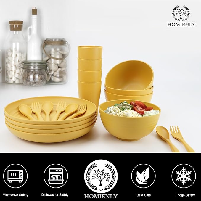 Homienly Wheat Straw Dinnerware Sets, 20pcs Unbreakable Microwave Dishwasher Safe Tableware Lightweight Bowls, Cups, Plates Set Reusable Dinner Plates Bowls set (Yellow)