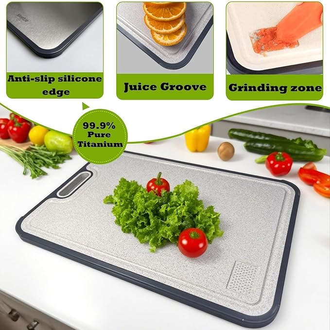 100% Pure Titanium Cutting Board, 2 in 1 Titanium Cutting Boards for Kitchen, Dishwasher Safe Cuttings Boards Double Sided with Juice Groove, Non-slip Wheat Straw PP Chopping Board, 15.2"×10.4"