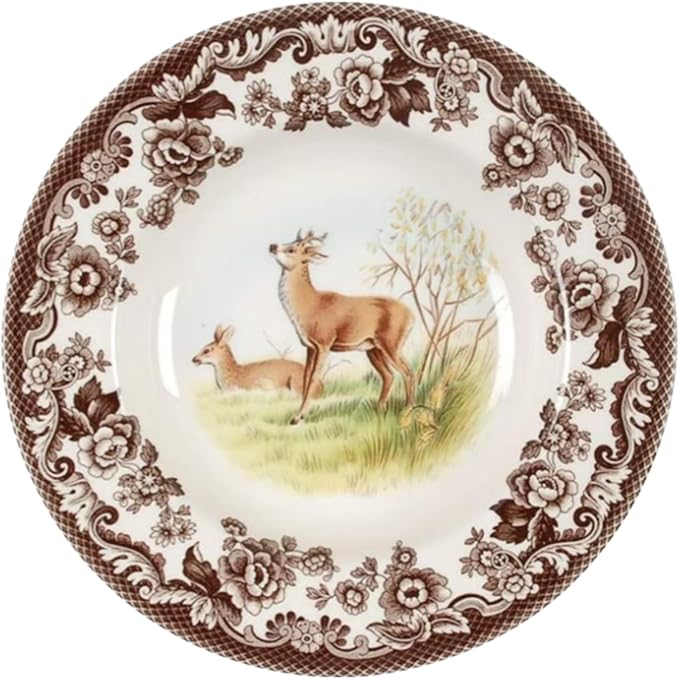 Spode Woodland American Wildlife Deer Soup Bowl - 9 Inch Fine Earthenware Dish, Rustic Holiday Dinnerware for Soup, Pasta, Salad - Dishwasher, Microwave, Freezer, Oven Safe - Made in England