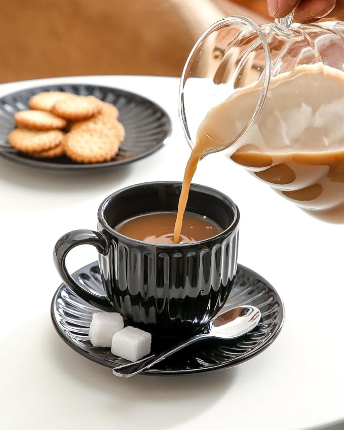 Hasense Ceramic Cappuccino Cups and Saucers - 8 Oz, Large Ribbed Coffee Mugs Set of 4 for Coffee,Tea,Latte and Macchiato, Demitasse Cups Set Aesthetic Gifty, Black