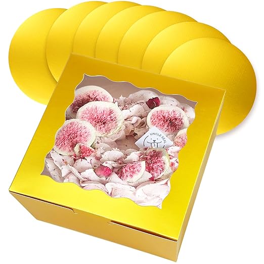 qiqee 10x10x5 Cake Box, 18 Sets Gold Cake Box with Window & 18 Sets 10" Gold Cake Round Boards, 10inch Cake Containers