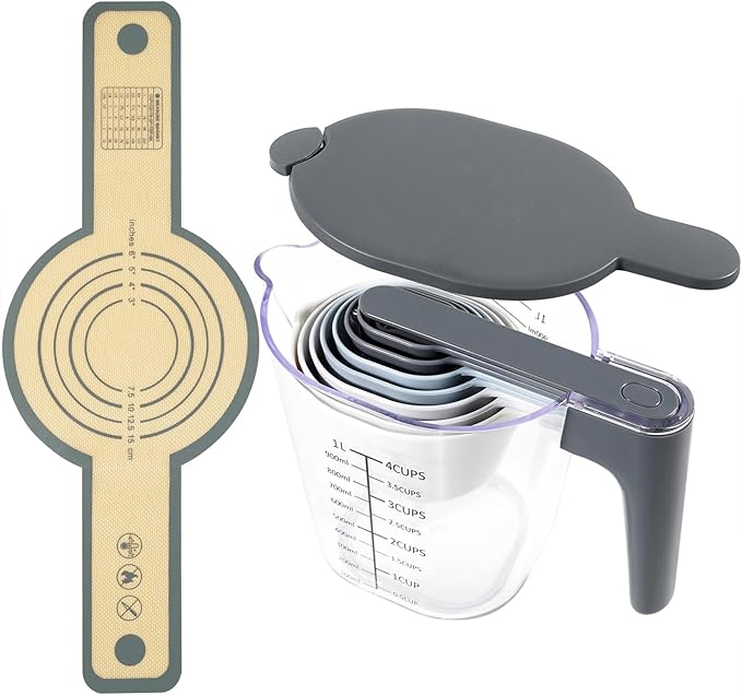 11-Piece Measuring Cups and Spoons Set with Stackable Measuring Cup, Lid, and Silicone Bread Sling(Grey), Unique Kitchen Gadgets for Baking and Cooking, BPA-Free, Dishwasher Safe