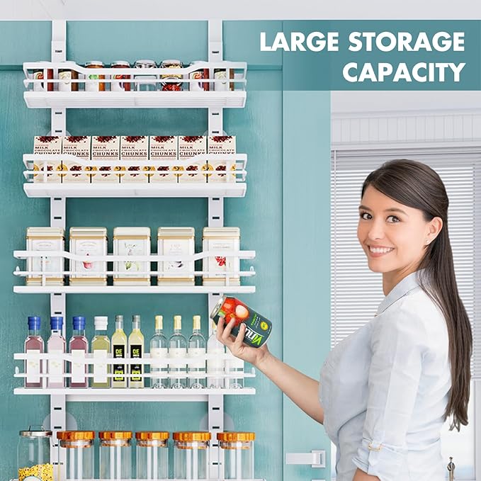 Over The Door Pantry Organizer,6-Tier Over The Door Organizer with Adjustable Basket,Metal Hanging Pantry Organizers and Storage for Kitchen, Back of Door Seasoning Rack (White)