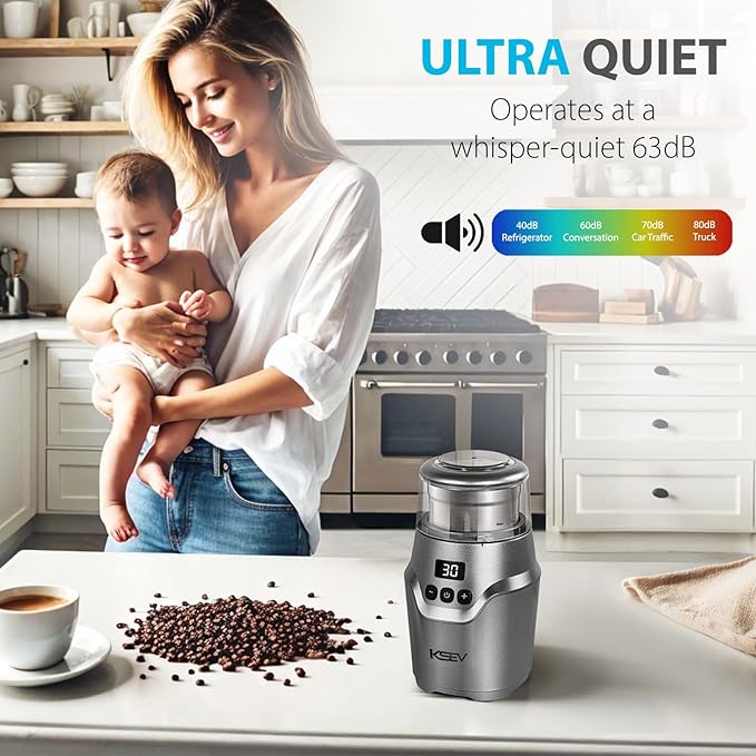 Digital Display Timer Electric Coffee Grinder, 150W Herb Grinder, Large Capacity Up to 12 Cups, Whisper Quiet, Safety Lock Feature, Removable Stainless Steel Cup for Spices, Herbs, Nuts (Silver)