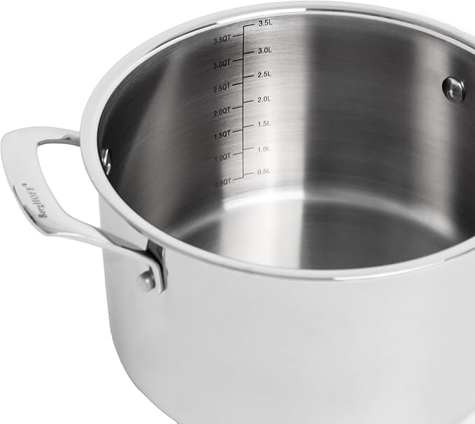 BergHOFF Professional Tri-ply 18/10 Stainless Steel Stockpot 8" 4 Qt. Safe Grip Handle Matching Lid Induction Cooktop Measurement Markings Inside Fast & Even Heat Oven Safe