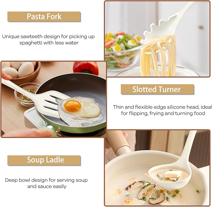 TeamFar Silicone Cooking Utensils Set, Kitchen Utensils Set of 6 for Non-stick Cookware, for Cooking/Turning/Stirring/Mixing, Healthy & One-Piece, Heat Resistant & Non-Scratch, Dishwasher Safe, White